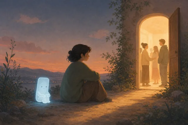 Abstract dusk illustration of a person sitting between a small glowing phone-shaped companion and a warmly lit doorway with people inside
