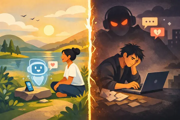 Illustration contrasting safe AI mental health support with harmful AI chatbot dependency
