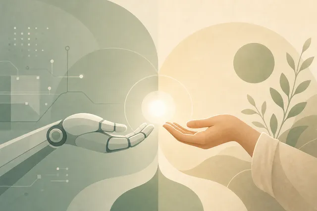 Abstract illustration of two complementary forms of support, a steady machine-like glow and a warm human presence, meeting in the middle