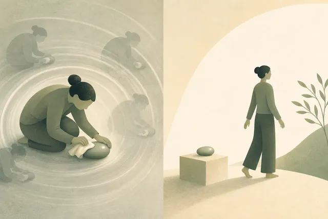 Abstract illustration of a figure endlessly polishing an already smooth shape while a calmer figure sets it down and steps back