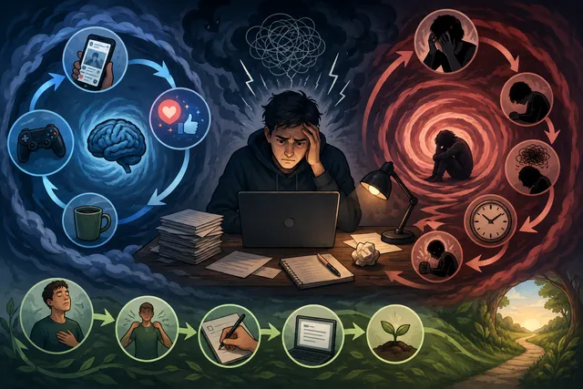 Illustration of the anxiety-procrastination cycle with avoidance and shame spirals