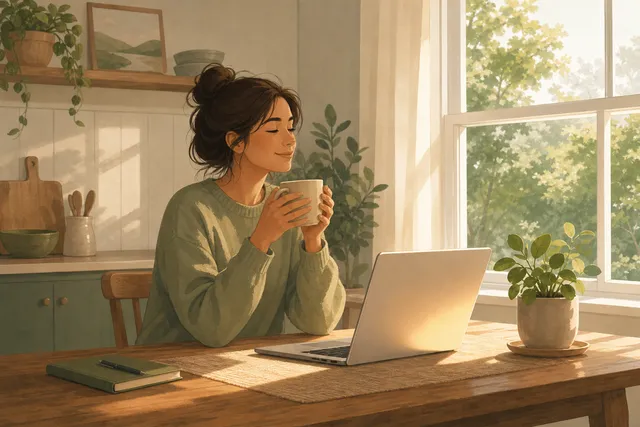 Calm editorial illustration of a person at a sunlit kitchen table, holding a mug beside an open laptop
