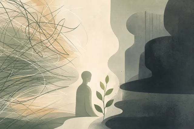 Abstract illustration contrasting two states: tight, fast lines on one side for anxiety and flat, heavy, muted forms on the other for depression, meeting in a soft neutral center