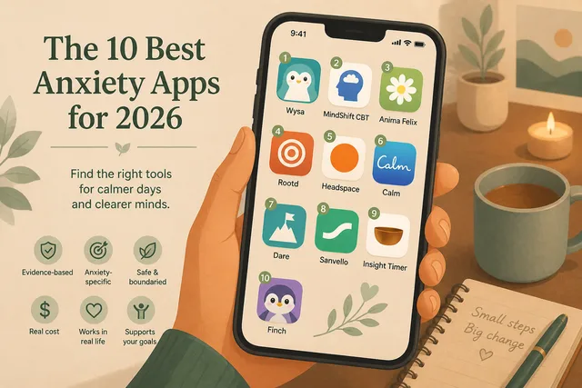 Illustration of multiple anxiety app icons arranged on a phone screen, representing the top picks for 2026