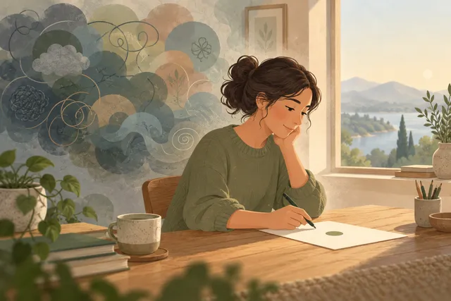 Illustration of a calm person in a green sweater at a wooden desk by a sunlit window, marking one green dot on a blank sheet while hazy swirling thought circles fill the wall behind.
