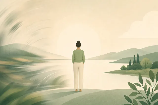 Abstract illustration of a tilted, blurred horizon settling back to level around a calm figure standing steady by a lake