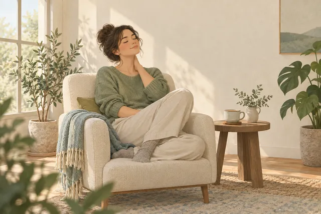 Illustration of a person in a sage-green sweater curled up in a cream armchair, eyes closed and a hand resting on their neck, beside a cup of tea in a sunlit room.