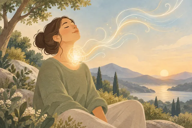Illustration of a person sitting outdoors with eyes closed and head tilted back, as a glowing tangle of light at the base of the throat unwinds into threads drifting toward the sky.