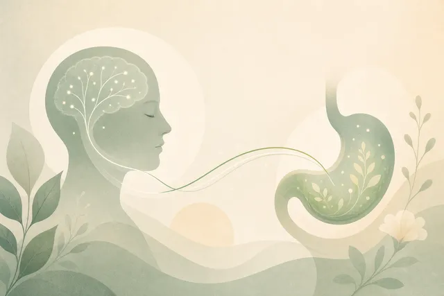 Abstract illustration of a soft head and stomach silhouette linked by a flowing, calming line, suggesting two-way gut-brain communication settling into balance