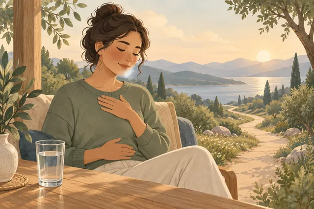 Illustration of a person resting in an armchair with eyes closed, hands on chest and stomach, beside a glass of water, while a path winds down between hills at sunset.