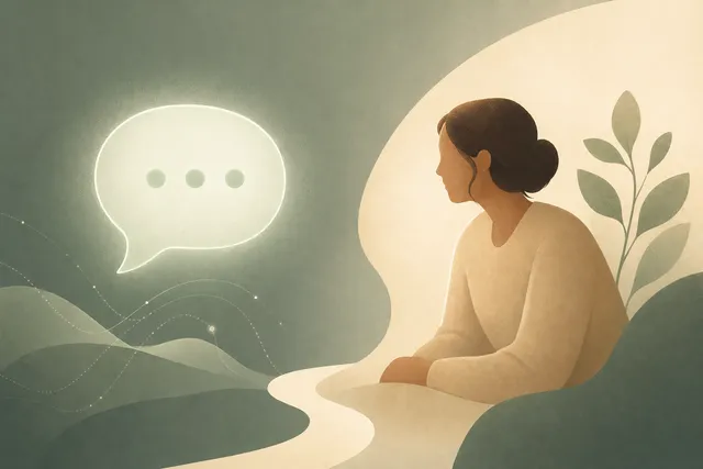 Abstract illustration contrasting a glowing generic chat bubble with a warmer human presence nearby
