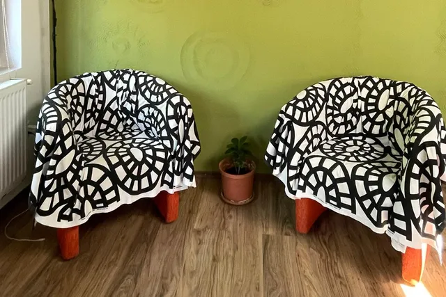 Two armchairs draped in black-and-white patterned throws facing each other in Dana Mărghidan's therapy room, with a small potted plant between them against a green wall