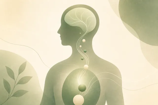 Soft sage silhouette of a person with flowing lines and spheres drifting from the brain down through the body, suggesting a mind-body connection
