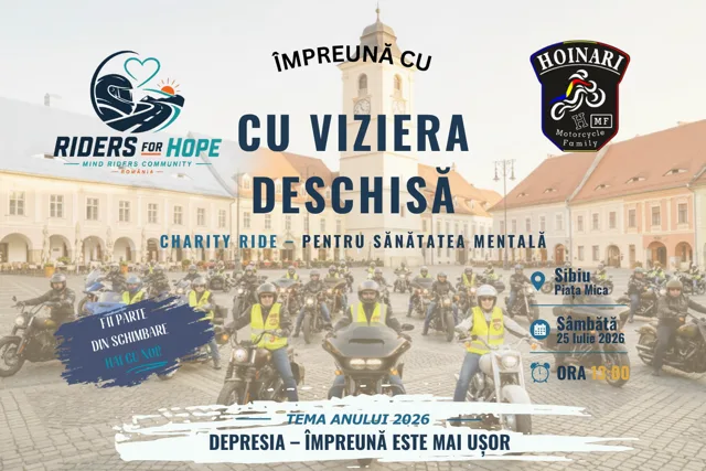 Poster for the "Visor Up" mental-health charity ride organised by Mind Riders together with Hoinari MF in Sibiu, 25 July 2026