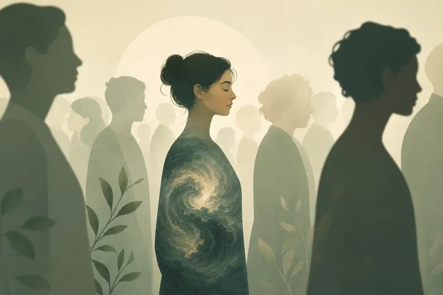 Abstract illustration of a calm-looking figure in a crowd with a subtle swirl of contained energy inside their silhouette, a storm hidden behind a still surface
