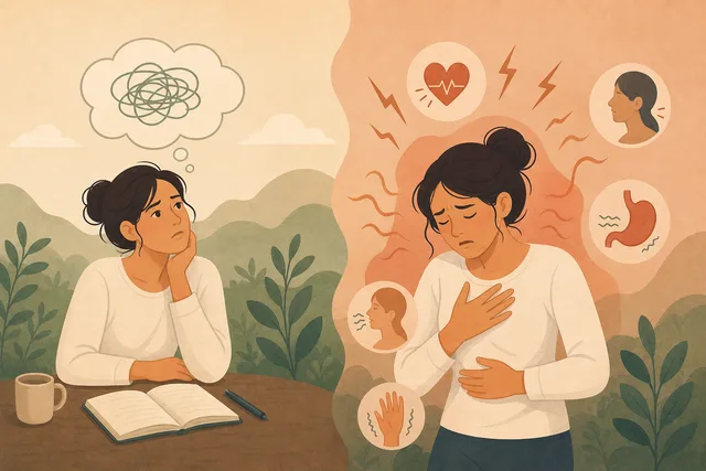 Illustration showing the difference between worry as a thought and anxiety as a body state