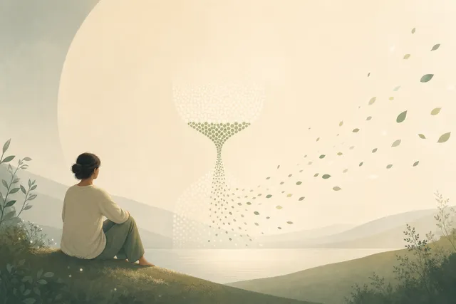 Abstract illustration of a person sitting calmly beside a tall hourglass of soft glowing dots drifting away like leaves