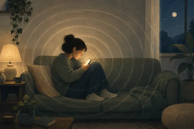 Soft illustration of a person on a sofa at night with a glowing phone, ringed by repeating ripples