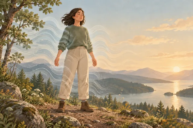 Illustration of a person in a sage-green sweater and hiking boots standing steadily on a rocky hilltop above a lake at sunset, eyes closed, as faint white waves pass through and fade.