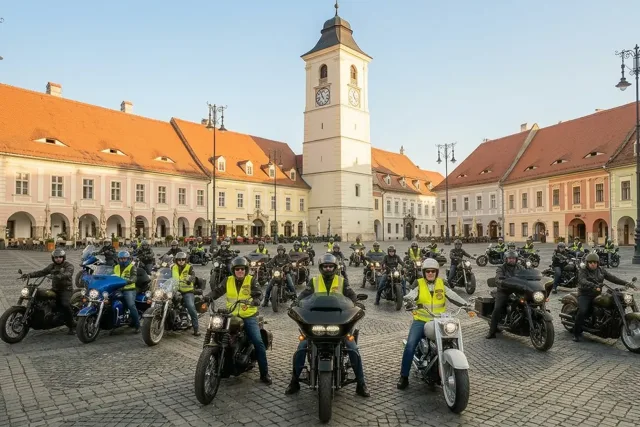Motorcyclists with their visors up at Mind Riders in Sibiu, a mental-health ride
